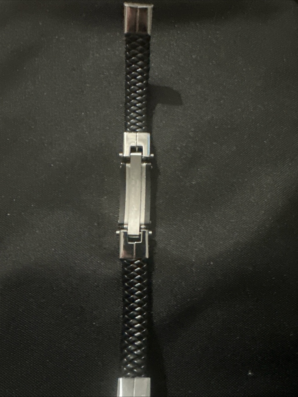 Men's Black Braided Leather ID Bracelet with Stainless Steel Plate